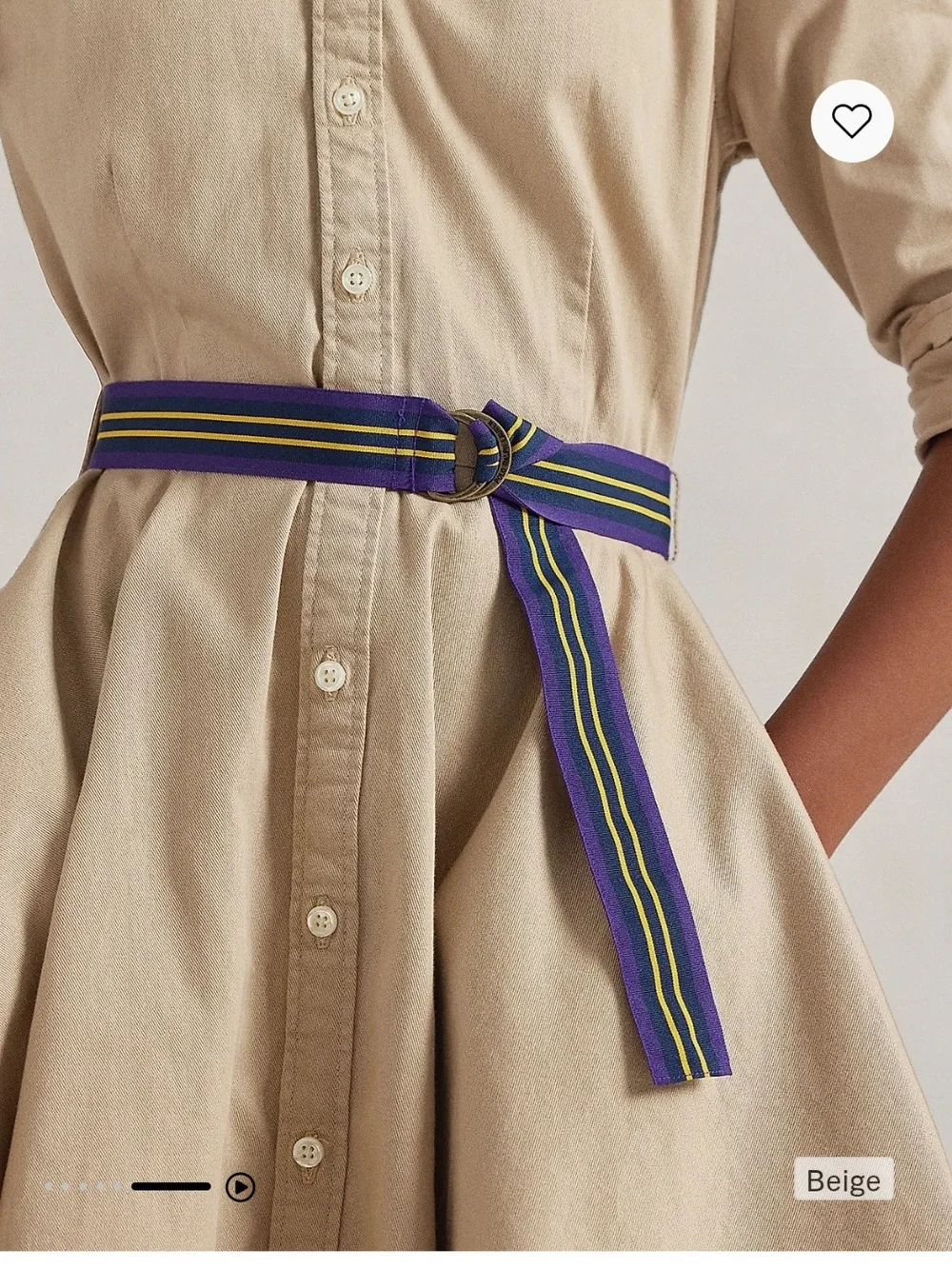 Ralph Lauren Khaki Button-Front Chino Shirt Dress with Navy+Purple & Gold Belt